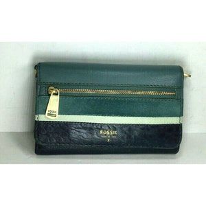 Fossil Green and Blue Leather Checkbook Card ID Clutch Wallet  (Monogram MLC)